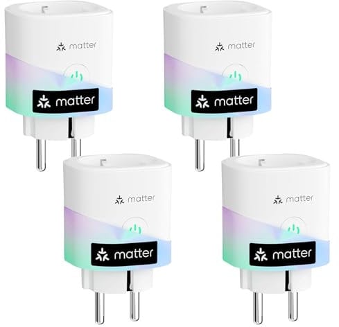 meross Enchufe Inteligente Matter con Consumo de Energía, 16A Enchufe Inteligente Mide Producción de Paneles Solares Fotovoltaicos, Soporte para Apple Home, y Google Home, Control Remoto y Voz, 4PC
