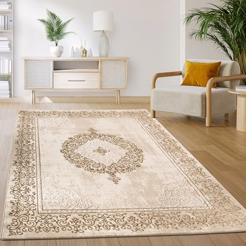 Paco Home Teppich Wohnzimmer Schlafzimmer Kurzflor Vintage Orientalisch Abstraktes Muster Modern Beige Weiß, Grösse:240x340 cm