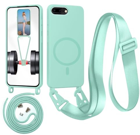 Beajew Handykette für iPhone 6 Plus/iPhone 7/8 Plus Hülle mit Band [Kompatibel mit Magsafe] Silikon Necklace Handyhülle Magnetische Schutzhülle zum Umhängen Kordel für iPhone 6/7/8 Plus, Minzgrün