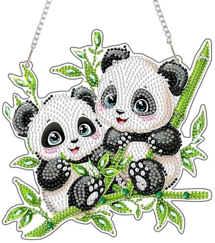 NEWENMO 5D Süßer Panda Diamond Painting Anhänger Fensterbilder Diamond Art | Niedliche Tiere Diamond Painting Anhänger Set,DIY Crystal Art Kit mit Kette,Hängendes Diamant Ornament für Fenster & Garten