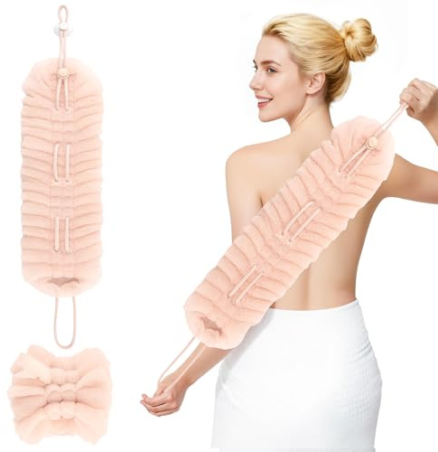 HONZUEN Fleur de Douche 2-en-1et Bande Dos Extensible, Eponge Salle de Bain avec Crochet Ventouse, Eponge Exfoliante Corps, Corde Renforcée et Maille Nylon Exfoliante pour le Corps, Pêche Douce