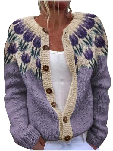 TURWXGSO Cardigans for Women UK Retro Ethnic Print Jumper Warm Casual Ladies Knitted Crew Neck Front Button Up Aran Cardigan Long Sleeve Lightweight Sweater Jackets Knitwear