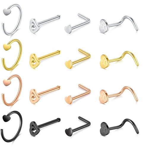 Crdifu 20G 8mm Nasenring 7mm Nasenstecker Silber Gold, 0.8mm Dünn Nasenpiercing Ringe Stecker Herz L Form Gerade Gebogen Spirale, Nase Piercing Ring Stecker 316L Edelstahl, Piercing Nase Nose Nostril