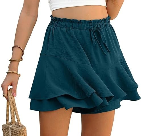 PrinStory Ruffle Shorts for Women High Waist Flowy Shorts Drawstring Skort Casual Summer Skort Wide Leg Culottes (Grey Blue, L)
