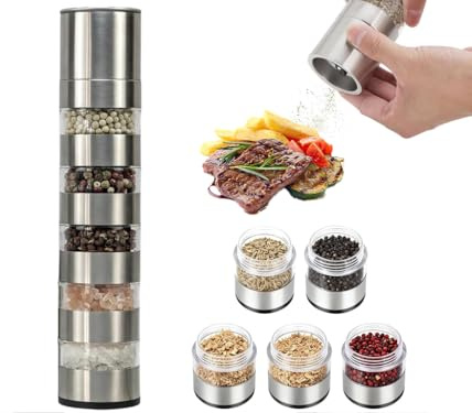 Kellegour Mini Gewürzgläser Set mit Gewürzmühle,5 in 1 Gewürzstreuer Edelstahl,Gewürzmühle Mini Salzstreuer,Reise Gewürz Set,für Reise,Zuhause,Picknick,Küche,Grillen,Outdoor BBQ,Wohnmobil,Camping