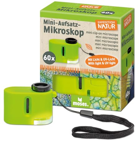 Moses. Expedition Natur Mini-Aufsatz Mikroskop, 60-fache Vergrößerung mit LED- & UV-Licht, Taschenmikroskop für Kinder zum Natur entdecken & Forschen, inkl. Batterien