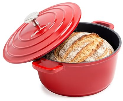 ESEVOLO Cocotte Fonte Induction 24cm Faitout Rond 4,5L en Fonte d’Aluminium | avec Revêtement Céramique Antiadhésif, Marmite avec Couvercle, Idéale pour Soupe, Ragoûts, Pain, Four et Gaz, Rouge