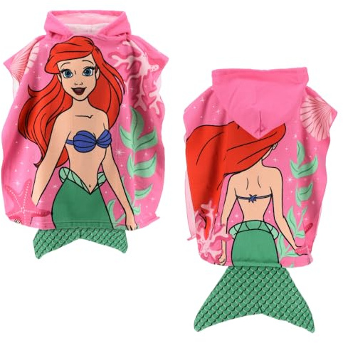 Ariel Badeponcho mit Kapuze und Schwanz, 3D, Mikrofaser, 110 x 55 cm, schnelltrocknend, 240 g/m², ideal für Pool und Strand Disney