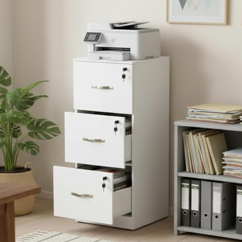 anrekl Caisson de Rangement, Meuble Bureau 3 Tiroirs, Verrouillable Armoire Meuble de Rangement Bureau 103.5 cm Hauteur pour Dossiers Suspendus, Papier Administratif, Imprimante, Format A4, Blanc
