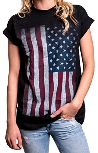 Damen T-Shirt mit USA Flagge - Oversize Longshirt große Größen schwarz L