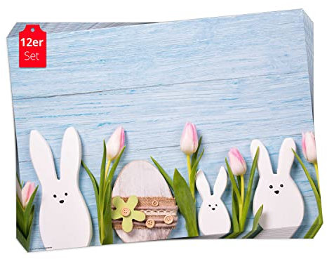 Tischset I Platzset - Frühling und Ostern - Osterhasen auf hellblauem Holztisch - 12 Stück 44 x 32 cm aus Premium Naturpapier in Aufbewahrungsmappe - die besondere Motto-Tischdekoration
