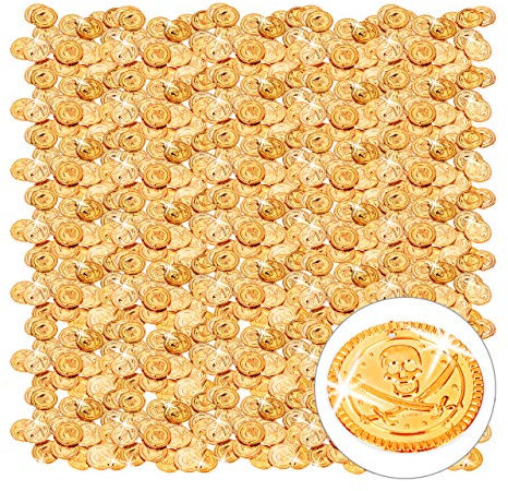 Relaxdays 1152er Pack Goldtaler Piraten, Piratenschatz aus goldenen Münzen, Plastik Spielgeld für Kindergeburtstage & Fasching