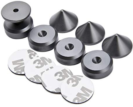 PrecisionGeek - Speakers Spikes and Pads Set, Grey Anodised Aluminium, Conical spikes 20mm diameter, Pads Chamfered Shape 20mm diameter, self adhisived included for HiFi Systems, Cabinets, Soundbars