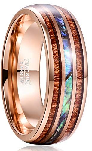 Vakki 8mm Roségold Wolframkarbid Ringe mit Abalone Muschel Koa Holz Partnerringe Paarring Beste Geburtstagsgeschenke Valentinstagsgeschenke Größe 68.5(21.8)