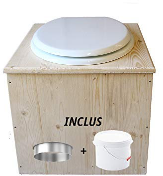 Toilette sèche en Bois avec bavette INOX et Seau 22L Plastique - La Blanche 22 litres - Fabrication Française - N9F4
