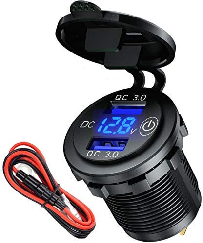 USB Steckdose 12V mit Schalter Quick Charge 3.0 Auto Ladegerät KFZ Zigarettenanzünder USB Adapter 12 Volt Einbaubuchse Stecker wasserdichte mit LED Voltmeter für Motorrad, Wohnwagen, Boot,LKW
