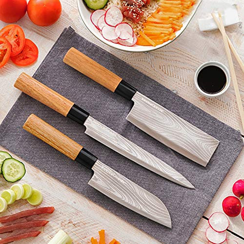 SHOP-STORY - Damas : Ensemble de 3 Couteaux de Cuisine Japonais, Manches en Bois, Lames en Acier Inoxydable et Housse de Protection Fournie