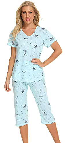 Misscoo Ensemble de Pyjama Femme Coton Manche Courte Vêtements de Nuit Fille Sleepwear Idéal pour Printemps et été Hiver -XL-Vert
