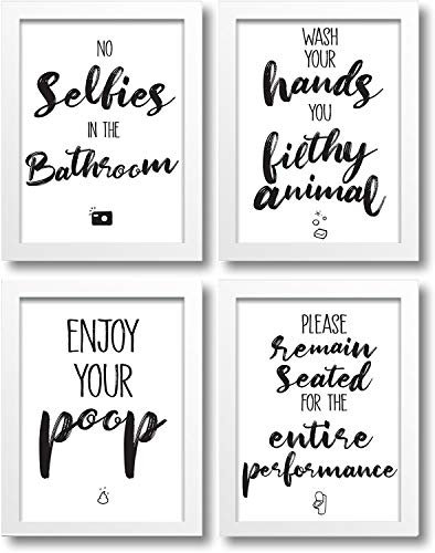 WIETRE Premium 4er-Set lustige Bad WC Sprüche | Badezimmer Toilette Zitate - Deko Bild | Kunstdruck A4 Poster witzig (mit weißen Rahmen)