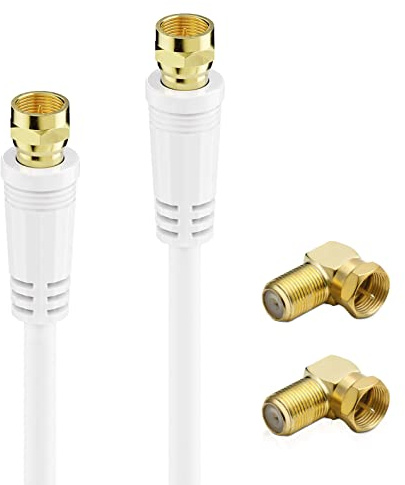 PerfectHD SAT Kabel + 2x Winkeladapter | 1m | 75 Ohm | 110 db | 4fach geschirmt | F-Stecker > F-Stecker | Koaxialkabel Antennenkabel | TV HDTV Radio DVB-T DVB-C DVB-S DVB-S2 | weiß | 1 Meter