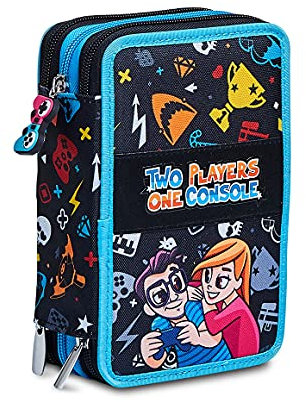 Seven Astuccio Scuola Portapenne Two Players One Console - 3 Zip Completo di Pennarelli, Matite, Ecc. .- Accessoriato, Multicolore