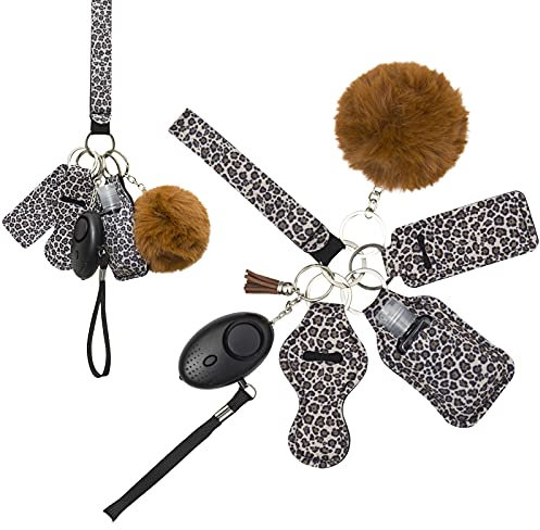 REZIME Keyring Keychain Set for Women Girls with Personal Alarm, Lipstick Holder, Travel Bottle, Bottle Holder, Pom Pom, Tassel and Wristlet, Alarm with Flashlight (Brown)