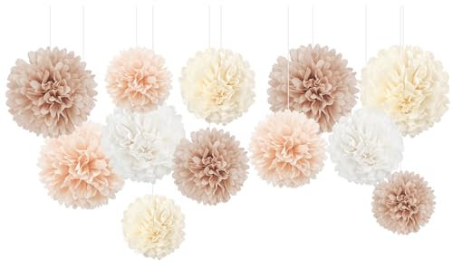 NICROHOME 12 Stück Creamy Rosa Party Deko, Ivory White Blush Seidenpapier Pompoms, Tissue Paper Papierblumen für Hochzeitsdeko, Geburtstag, Brautdusche, Babyparty, Verlobungsfeier