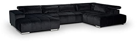 Mivano Wohnlandschaft Orion / Riesige Couch in U-Form inkl. XL-Recamiere und Kopfteilfunktion / 409 x 73 x 225 / Velours, Schwarz