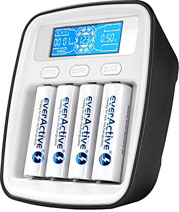 everActive Ladegerät für 4 Akkus AAA AA, professionell, schnell, LCD Anzeige, Kapazitätstest, USB-Typ-C-Buchse, Modell: NC1000M