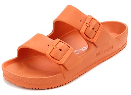 VICT POPU Pantoletten Damen mit Fussbett Sandalen Flach Rutschfest Sommer Badelatschen Lässig EVA Slides Erwachsene Schlappen Orange 38