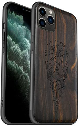 Carveit Hülle für iPhone 11 Pro Max Case [Elegante Schwarzholz] [Weich TPU Stoßstange] Stoßfeste Handyhülle Kompatibel mit 11 Pro Max Cover Holz （Wikingerkompass Vegvisir）