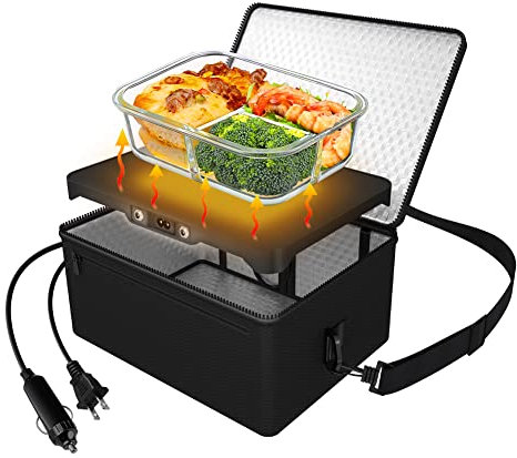 Portable Oven, 12V 24V 110V Car Food Warmer Portable Personal Mini Oven Electric Heated Lunch Box for Meals Reheating & Raw Food Cooking for Road Trip/Camping/Picnic/Family Gathering(Black)