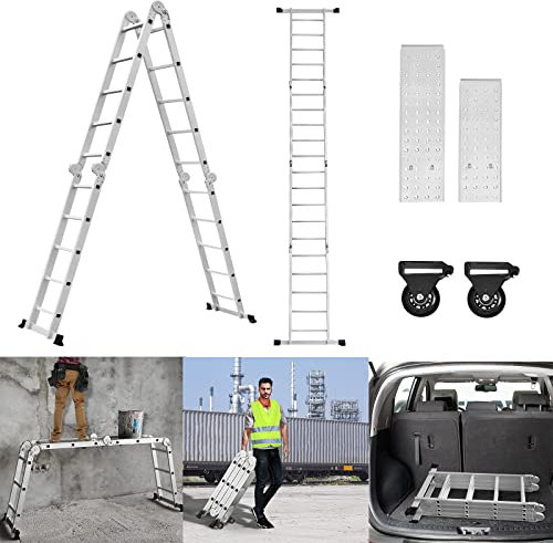 SAILUN 7-in-1 Multi-Purpose Aluminium Ladder 4 x 5 Steps Folding Ladder with Platform and Wheels, 5.8m,Max Load 150KG for Outdoor and Indoor