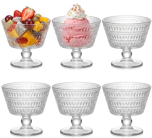 ZOOFOX 6 Pack Glass Ice Cream Bowl Set, 12 oz Footed Fruit Parfait Cups, Embossed Design Glass Dessert Bowls for Sundae, Ice Cream, Smoothie, Fruit, Salad, Yogurt, Cocktail, Snack