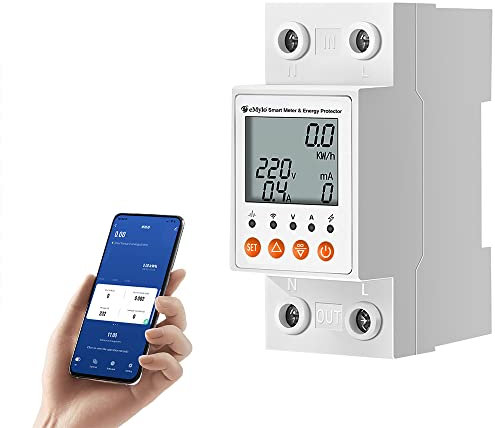Yasorn Misuratore di energia WIFI intelligente eMylo, digitale LCD su guida DIN monofase, protezione dalle perdite AC 80-400V, misuratore del consumo elettrica, telecomando Alexa APP