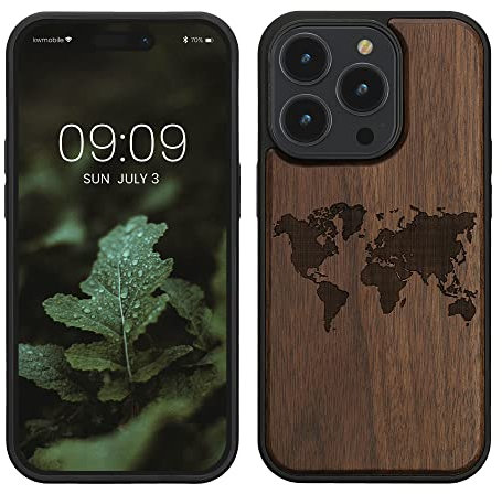 kwmobile Wood Case Compatible with Apple iPhone 14 Pro Case - Cover - Travel Outline Dark Brown