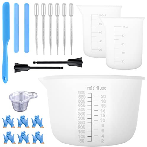 Messbecher Set Mischbecher Epoxidharz Silikon Becher Groß 600ml & 2 Stück Mini Messbecher Klein 100ml Labor Silikonbecher für Epoxidharz Rührstäbchen Mit Pipetten Kunststoff Mischpaddel Handschuhe