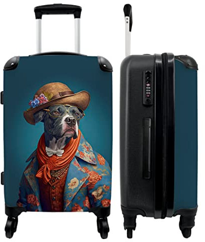 NoBoringSuitcases.com® Koffer groß Trolley Rollkoffer Reisekoffer mit 4 Rollen Fotokoffer - Hund - Jacke - Blumen - Hut - Blau - 67x43x25cm - 90 Liter