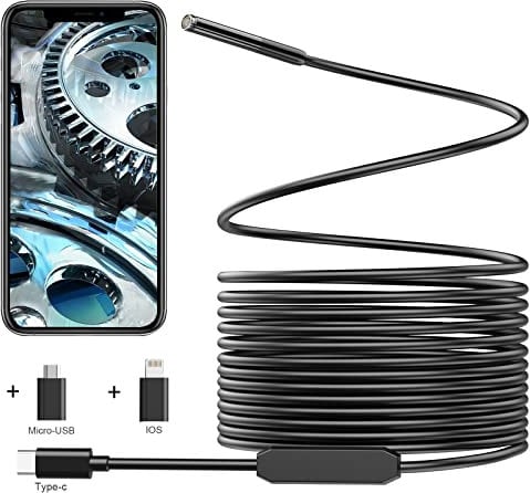 Inspection Camera USB Endoscope, 7.9 mm Borescope Inspection Snake, IP67 Waterproof, Semi-Rigid Cord with 6 LED Lights, Tube Sink Pipe Drain Camera for Android, iPhone, iPad (9.84FT)