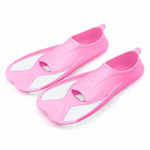 1 Paar Schwimmflossen für Kinder, Schwimmtrainingsflossen Zum Rundenschwimmen, Silikon-Schwimmflossen in Reisegröße, Lernschwimmausrüstung für Jungen und Mädchen, Größe auf (Rosa Weiß)