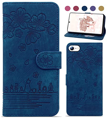 Bxithnr iPhone 7/8/SE/6S Handyhülle Leder Flipcase Cover mit Standfunktion, Kartenfach, Magnetverschluss, Kirschblüten-Design - Blau