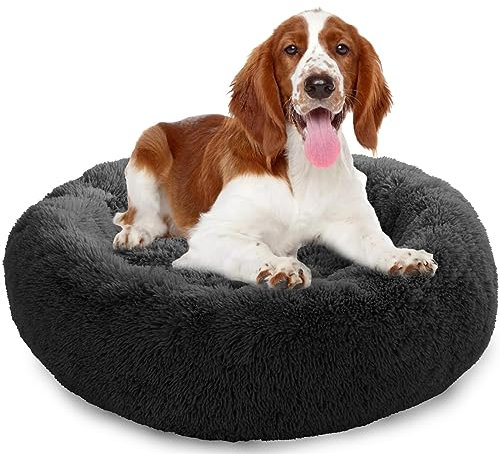 Enjamoy Hundebett Flauschig Donut Plüsch Katzenbett Hundekissen, Waschbar Rund Hundebetten für Kleine, Mittelgroße Hunde Katzen, Dunkelgrau 80cm