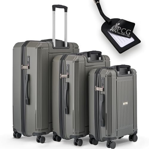 PCG THE HARD CASE Koffer Set [Grau 3-teilig] -Premium Hartschalenkoffer-mit TSA Schloss-4 Rollen-Leichter Reisekoffer- robust & stabil -Trolley mit Teleskoparm