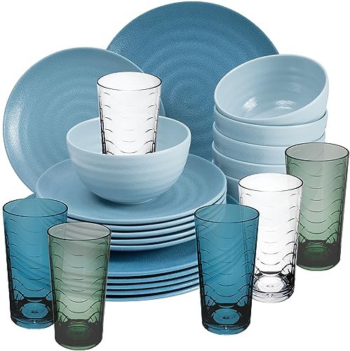 Melamin Geschirr Set 24 Teile elegante Steingut Optik in blau mit Wasserglas 260ml bunt - für 6 Personen Essgeschirr Gläser Wasserglas Tumbler Whiskey - Campinggeschirr Picknick ideal Camping Outdoor