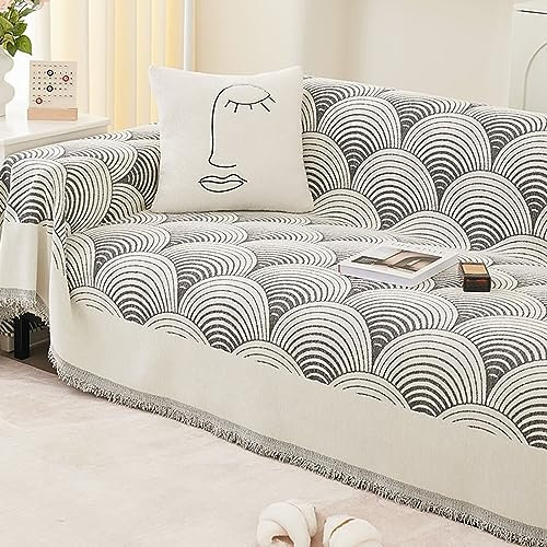 Homxi Sofahusse 1Sitzer,180x130CM,Bezug Sofa Halbkreislinienmuster mit Quasten Sofahusse Chenille Sofa Handtuch Grau Sofabezüge