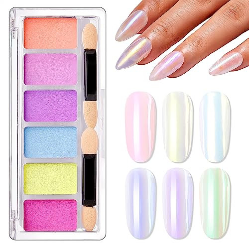 Makartt Perle Chrom Nagelpuder, 6 Farben Pearl Effect chrome nail powder mit Spiegeleffekt, Chrome Pulver für die Nageldekoration Glasierte Donut Nägel