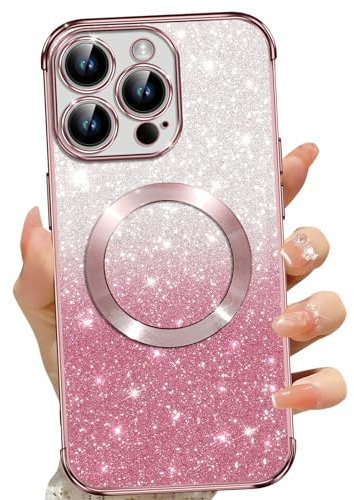 Phoona für iPhone 15 Pro Hülle, Glitzer Hülle Kompatibel mit MagSafe, Keine Vergilbung, Kratzfeste, Ganzkörperschutz Magnetisch Handyhülle für iPhone 15 Pro, Mit 2 Schutzfolie, Rosa