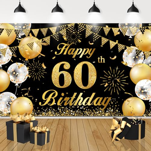 60. Geburtstag Banner 60 Geburtstag Deko Banner Hintergrund, 60. Geburtstag Männer 60 Party Deko Männer Frauen, Geburtstagsbanner 60 Schwarz Gold 180 x 110 cm