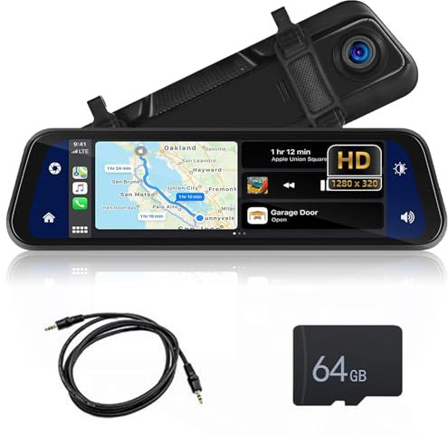CAMECHO 9.66 inch 1080P Mirror Dash Cam Wireless CarPlay Android Auto with 32G TF Card, IPS Full Touch Screen, Rear View Mirror Smart Screen for Cars & Trucks Night Vision, Parking Assistance WDR