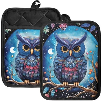 WELLFLYHOM Topflappen mit Cartoon-Eule, hitzebeständig, maschinenwaschbar, Topflappen, Baumwollfutter, Untersetzer, Hot Pad, Mikrowelle, Ofenhandschuhe für Küche, Backen, Kochen
